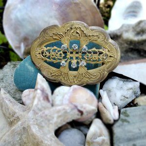 Antique Art Nouveau Brass & Crystal Sash Brooch